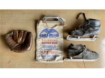 Vintage Baseball Mitt Ice Skates And Eagle Brand Water Bag