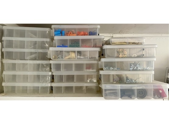 Collection Of Plastic Storage Containers For Screws, Bits, And Knick Nacks