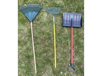 Two Plastic Rakes And  Shovel