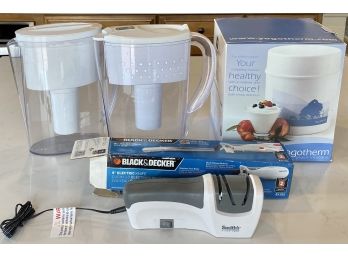 Yogotherm With Box, Two Brita Pitchers (No Filters), Black And Decker Knife, And Smith's Knife Sharpener