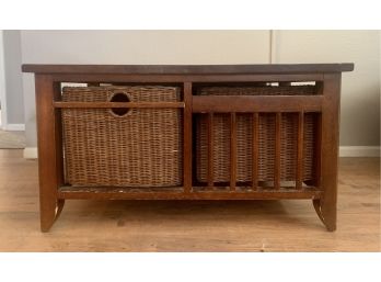 Square Wood Coffee Table With 4 Wicker Baskets