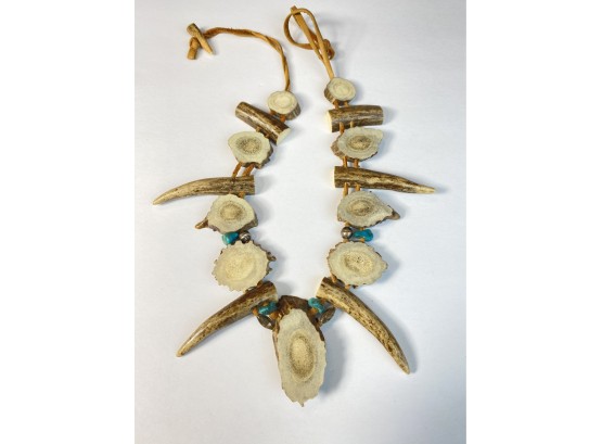 Primitive Carved Bone Necklace With Turquoise And Sterling Beads