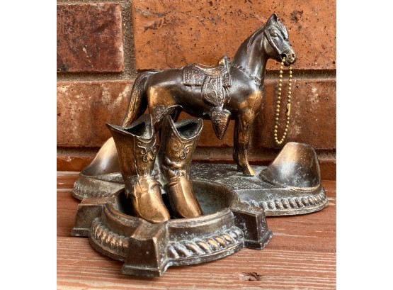 Vintage Rustic Cast Copper Horse And Boots Ashtray