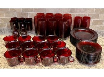 Lot Of Red Glass Dinnerware, Including Arcoroc And Avon