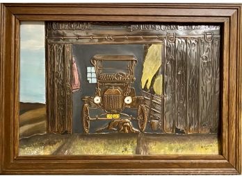 Early Ford Car In Barn With Sleeping Dog Metal Multi-Dimensional Framed Art Signed E. Walker