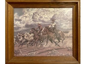 Vintage Western Art Print Stampede In Storm