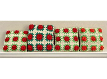 Lot Of Four Knit Pillows With Floral Motif