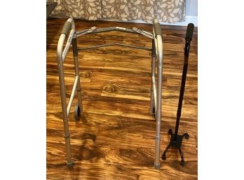 Guardian Two-Button Folding Walker With 5' Wheels And Additional Quad Cane