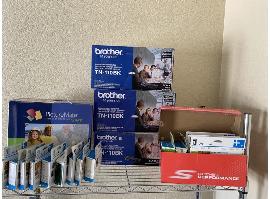 A Large Economical Lot Of Brother Toner Cartridges, Picture Mate Photo Printer And Hp Ink Cartridges