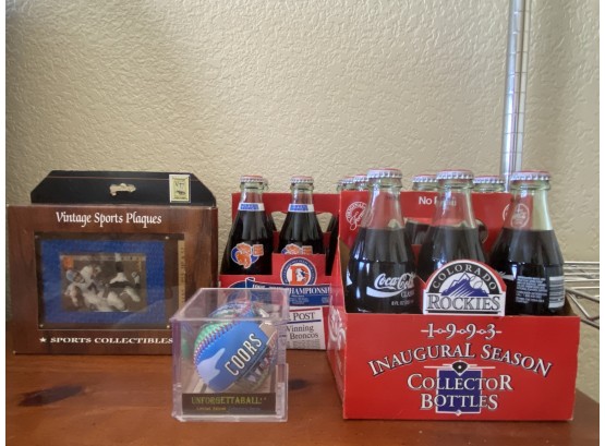 A Cool Grouping Of Collectible Sports Memorabilia Including Opening Day Coca Cola Bottles