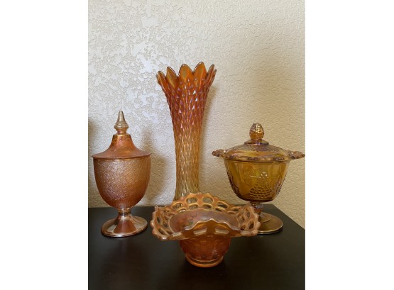A Nice Grouping Of Orange Opalescent Carnival Glass Including Vases & Lidded Dishes