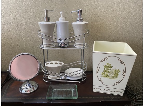 A Nice Grouping Of Vanity Objects Including Mirror, Caddy Shelf, And Soap Dispensers