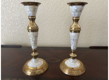 Pair Of Two Mother Of Pearl Mosaic Brass Candle Holders