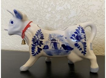 Hand Painted Delft Blue Cow Creamer With Red String And Bell