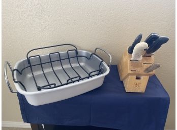 ROASTING PAN WITH LIFTER, KNIFE BUTCHER BLOCK