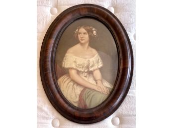 Antique Print Of Girl Sitting In Burled Wood Frame Curved Glass