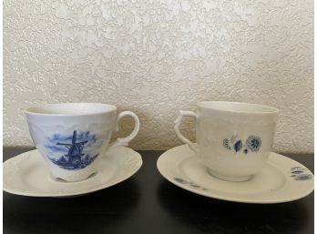 Pair Of Two Delft Porcelain Teacups With Saucers