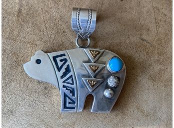 Alonzo Mariano Signed Sterling Silver Zuni Bear Pendant With 12K G.F. Detail