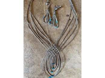 Liquid Silver Navajo Necklace With Interlaced Pattern And Matching Earrings