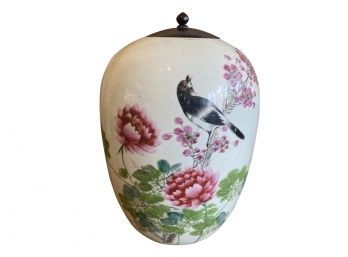 A Lovely Antique Hand Painted Chinese Lidded Vase Painted Blackbird And Chrystanthemum Design