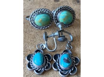 Two Pairs Of Sterling Silver Vintage Screwback Earrings With Turquoise Stones -including Green Turquoise!