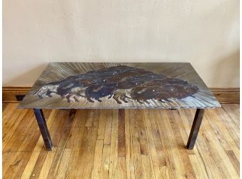 Elaborate Metal Art Western Style Coffee Table Featuring Buffalo Herd