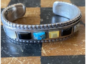 Heavy And Pretty Sterling Bangle With Onyx, Turquoise And Mother Of Pearl
