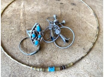 Vintage Squash Blossom Screw Back Earrings Liquid Gold Necklace And Small Ring With Turquoise