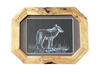 Colleen Reed Signed Wax Etching Relief Of Wolf In Grass Dated 2005 In Natural Wood Frame