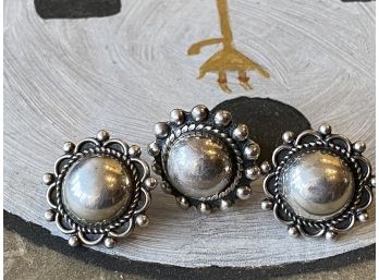 Silver Vintage Screw Back Earrings And Ring