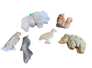 A Lovely Collection Of Zuni Stone Fetish Pieces Including Buffalos, Squirrels, And Birds