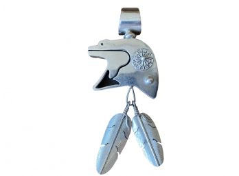 Jeff Jackson Sterling Silver Zuni Bear Pendant With Feather Design