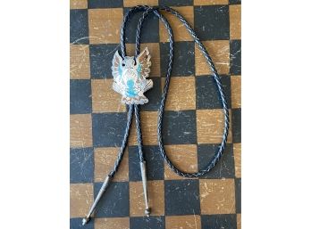 Gorgeous Inlay Bolo Tie With Turquoise And Coral Chips