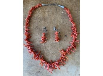 Antique Oxblood Coral Necklace And Pendant Earrings With Screwback Fasteners