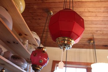 2 CRANBERRY SHADE HANGING HALL LAMPS