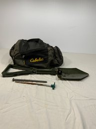 Cabelas Canvas Bag With Folding Portable Shovel With 2 Spikes