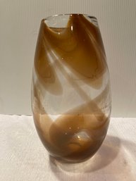 Vintage Studio Art Glass Pulled Feather Brown Clear Tall 11.5' Vase