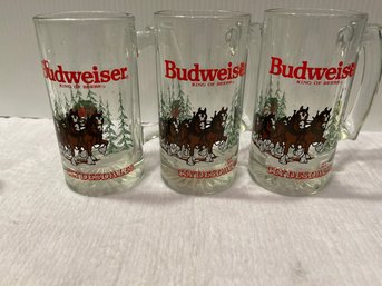 3 Budweiser Clydesdales Clear Glass 12 Oz Christmas Beer Mug 1992 Vintage
