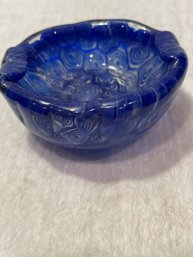 Art Blown Glass Blue White Swirls Paperweight Ashtray Combination Scallop Edge