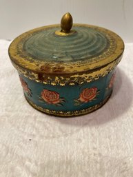 Vintage Tin Turquoise And Gold With  Embossed Roses Blue Bird Confections