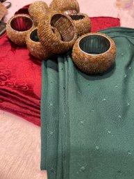 4 - Burgundy Poly. Napkins - 6 - Green Poly. Napkins & 8 Beaded, And Silver Napkin Rings