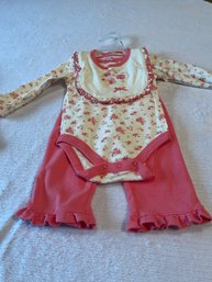 New - 0/6 Months 3 Piece Outfit / Pink Flower -onesie Bib & Riffle Paints