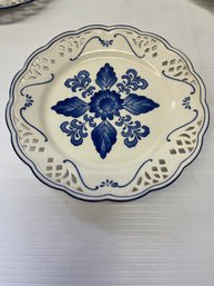 8' Vintage Glazed Ceramic Blue Flowers Collector Plate China