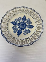 7' Vintage Glazed Ceramic Blue Flowers Collector Plate China