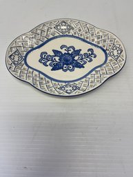 Vintage Glazed Ceramic Blue Flowers Collector Sushi Platter