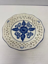 7' Vintage Glazed Ceramic Blue Flowers Collector Plate China
