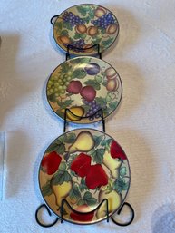 3 Vintage Decorative Plates Apples And Fruit Pears Grapes Decor Colorful With Wall Rack