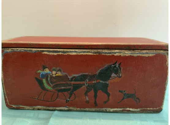 Vintage Wooden Christmas Box- Hand Painted 12 1/4 In W X 5 In D X 5 1/2 H