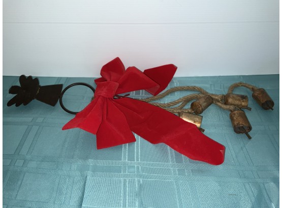Metal Angel With Rustic Cow Bells And Red Bow 30 Inches Long