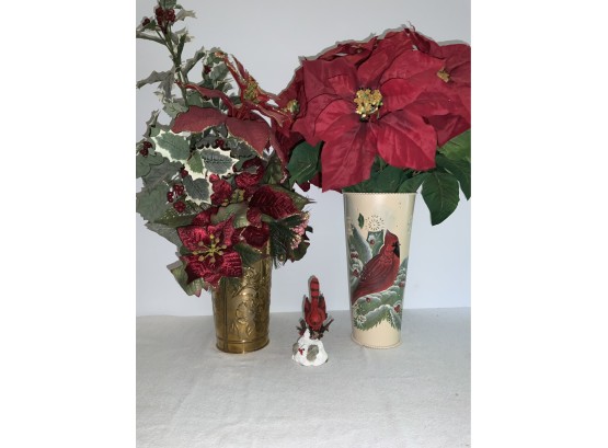 2 Artificial Flower Arrangements With Bonus Cardinal Figurine